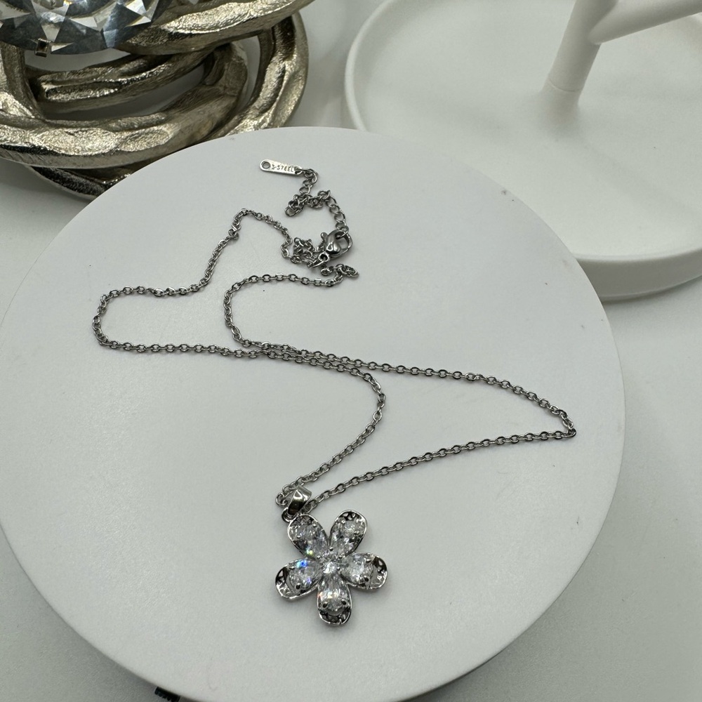 Stainless Steel and Cubic Zirconia Flower Necklace NEW
